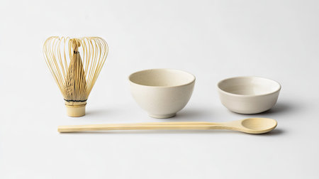 A simple composition of matcha powder, bamboo whisk, and ceramic spoon laid flat on a white backgroundの素材