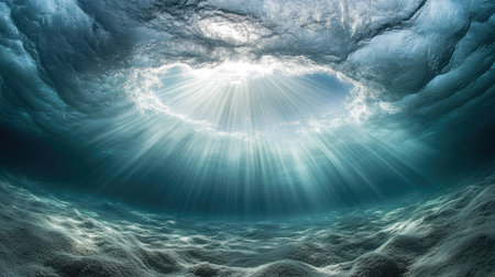 Oceanic vortex spinning slowly with shafts of light penetrating through layers of swirling waterの素材