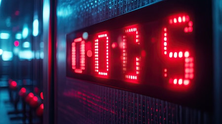 Close-up of electronic timer on a gym wall, red numbers reading  glowing brightlyの素材