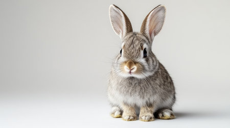 Baby rabbit sitting upright, ears perked, against a smooth white background with soft shadowsの素材