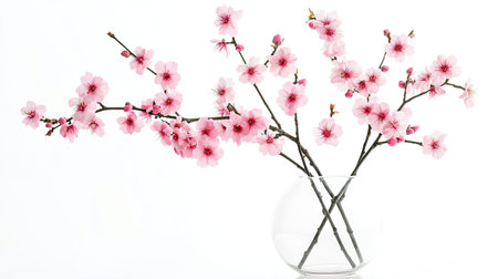 Elegant pink cherry blossom branch arranged in a clear glass vase, isolated on a clean white backgroundの素材