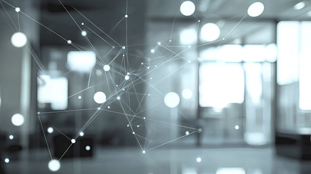 Cloud network overlay on a blurred office background with data flow animations and iconsの素材