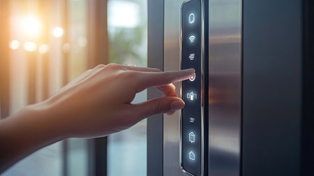 Close-up of hand pressing buttons on digital door lock, highlighting smart home securityの素材