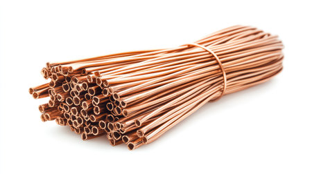 A bundle of multi-stranded copper wires with exposed ends, isolated clearly on a white backgroundの素材