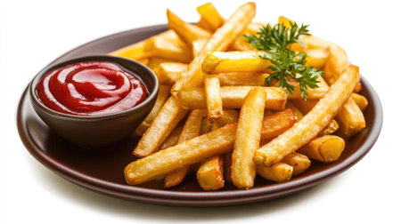 French fries arranged neatly on a plate with a swirl of ketchup beside them, isolated on white backgroundの素材