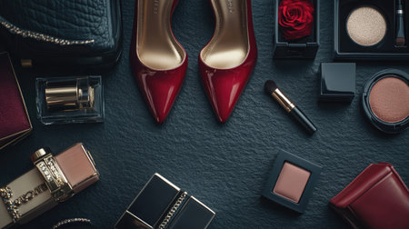Fashion-forward flat lay of stylish shoes and high-end beauty products on dark textured surfaceの素材