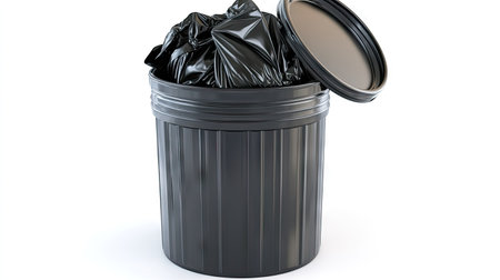 Full trash can with black garbage bag overflowing slightly, lid wide open, isolated on whiteの素材