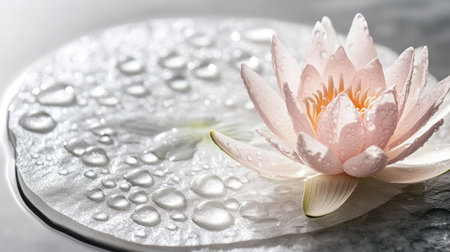 Close-up of a delicate pale pink lotus flower next to a round lily pad, with dew drops glistening on their surfacesの素材