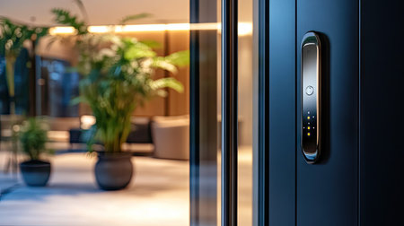 Digital door lock installed on glass door, reflecting sleek and high-tech home entrance designの素材