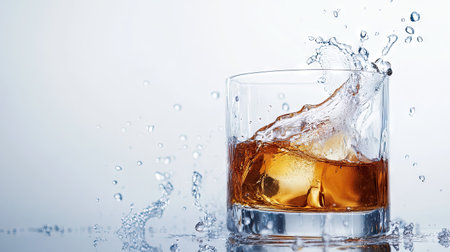 Glass of whiskey with liquid splashing over the rim, captured in motion on a white backgroundの素材