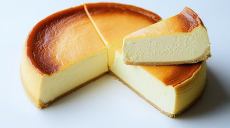 Cheesecake cut into even slices with one slice lifted slightly, set on a white backgroundの素材