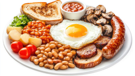 Full English breakfast including eggs, sausage, baked beans, mushrooms, and toast, isolated on whiteの素材