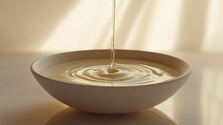 Condensed milk being poured slowly into a bowl, forming glossy ripples on the surface against a clean backgroundの素材