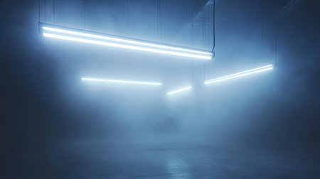 Suspended fluorescent lights glowing in a foggy environment, casting a soft, ethereal lightの素材
