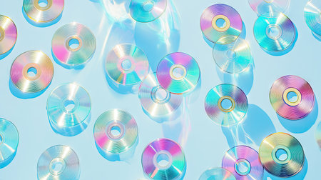 Top-down view of scattered CDs creating a kaleidoscope of colors on a light blue backgroundの素材