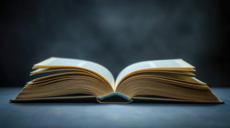 Empty pages of an open book spread wide, isolated on a smooth dark background with gentle highlightsの素材