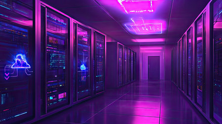Server room with overlay of cloud computing icons and digital data transfer pathsの素材