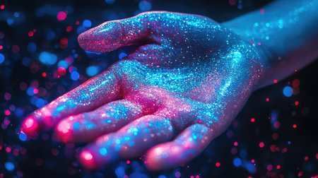 Close-up of sparkling hand with metallic sheen, illuminated by bright neon blue and fuchsia lightの素材
