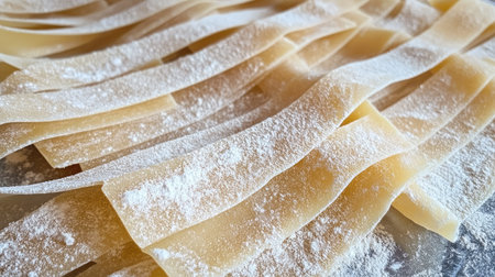 Pappardelle pasta strips laid out to dry with flour lightly coating each strandの素材
