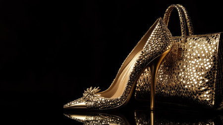 Glamorous photo of gold stilettos, luxury makeup, and clutch bag on a rich black backgroundの素材