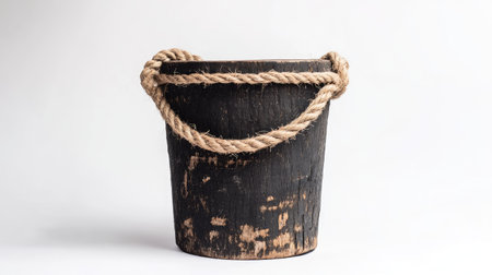 Dark burned birch bucket with coarse jute rope handle, isolated on bright studio backdropの素材