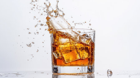 Dynamic photo of whiskey being poured causing a splash in a transparent glass on a white backgroundの素材