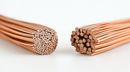 Comparison of single-core vs multi-strand copper wire types, side by side on a clean white surfaceの素材
