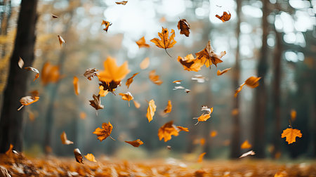 Dry autumn leaves swirling through the air on a blurred forest background, captured mid-motionの素材