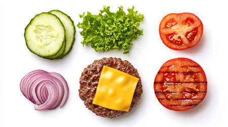Grilled burger patty, melted cheese, and fresh vegetables, all isolated separately on white backgroundの素材