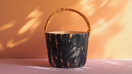 Eco-friendly birch bucket with charred design and natural fiber handles, set on pastel surfaceの素材