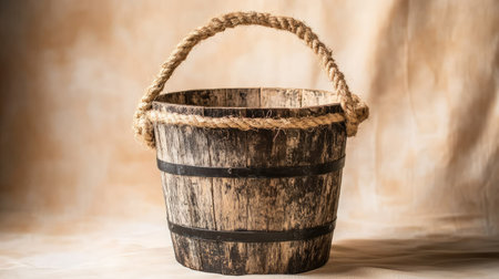 Rustic birch bucket with dark burned texture and thick jute handles, isolated on a soft backgroundの素材