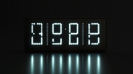 Modern digital timer panel with crisp white LED numbers glowing against a glossy surfaceの素材