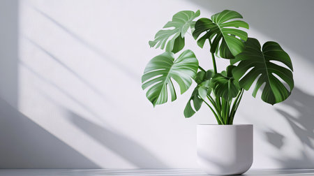 Monstera deliciosa in a minimalist interior pot, captured with soft light on a white backgroundの素材