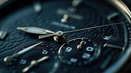 Macro shot of a luxury wrist watch's dial and hands, emphasizing precision craftsmanship and brand logoの素材