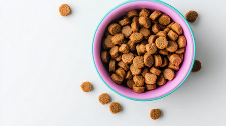 Crunchy dry dog food in a pastel-colored bowl, isolated on a bright white surfaceの素材