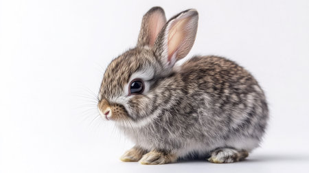 Cute tiny rabbit nibbling, captured on stark white background emphasizing its fluffy textureの素材