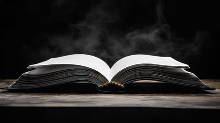 Elegant open book with smooth white blank pages contrasting against a deep shadowed backgroundの素材