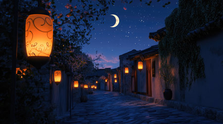 Lanterns lining a cobblestone alley, casting shadows under a clear night sky with a crescent moonの素材