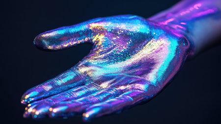 Sparkling silver-painted hand with neon purple and cyan tones reflecting off skin, close-up shotの素材