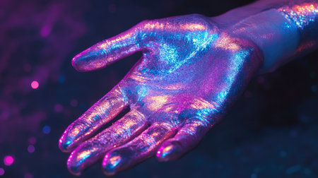 Sparkling silver-painted hand with neon purple and cyan tones reflecting off skin, close-up shotの素材