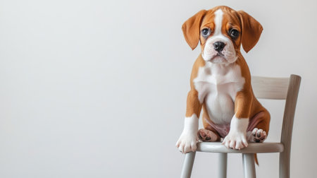 Adorable puppy sitting on a small chair, isolated on a bright white background, emphasizing innocence and cuteness.の素材