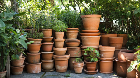 Assorted stacks of clay pots in varying sizes and shapes, grouped together in an artisanal garden setting.の素材