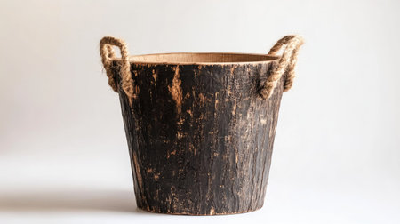 Textured burned birch bucket with soft jute handles on a simple clean backgroundの素材