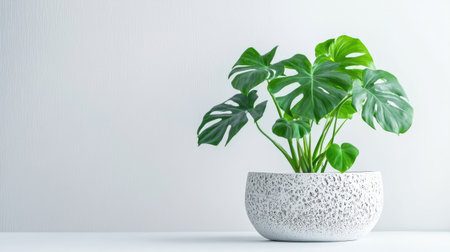 Stylish home decor scene featuring a Monstera in a textured planter, isolated on whiteの素材