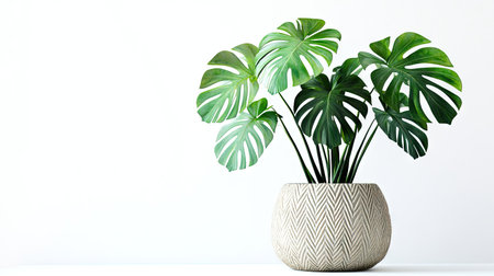Stylish home decor scene featuring a Monstera in a textured planter, isolated on whiteの素材