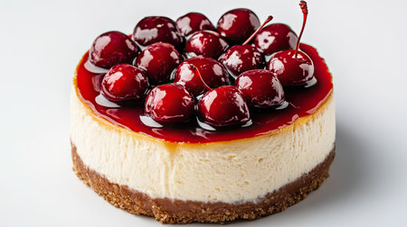 Whole cheesecake topped with glazed cherries, centered and isolated on a bright white surfaceの素材