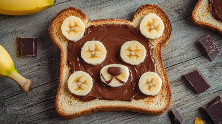 Adorable toast shaped like a bear face, decorated with banana slices and chocolate spread, perfect for a fun kids' breakfast.の素材