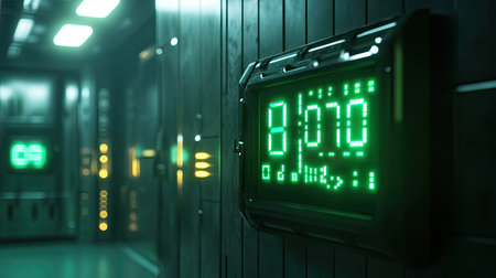 Wall-mounted digital timer showing alarm countdown in green digits, futuristic backgroundの素材