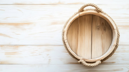 Top-down view of a wooden birch bucket with jute rope handles on a light wooden backgroundの素材