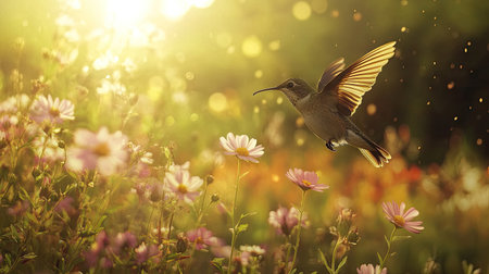 Bird hovering near a cluster of wildflowers, wings flapping rapidly, about to sip nectar in a sunny natural setting.の素材